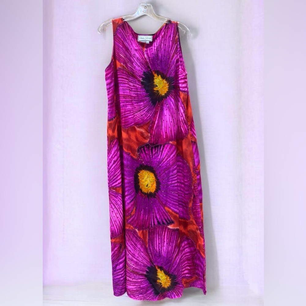 100% Silk Diane Gilman-Vintage Fuchsia Sequin Luxurious Dress Size Large